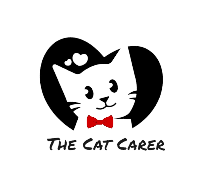 The Cat Carer Logo, a white cartoon cat with a red bowtie, with a black, heart shaped background